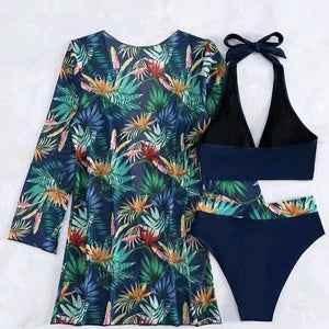 Black 3pcs Tropical Contrast Trim Halter Bikini Set with Cover up