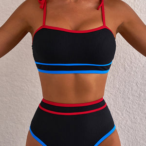Black Triple Color Trimmed High Waist Bikini Set