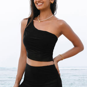 Black Pleated Mesh One Shoulder Bikini Top and Skirts Set