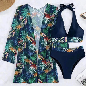 Black 3pcs Tropical Contrast Trim Halter Bikini Set with Cover up