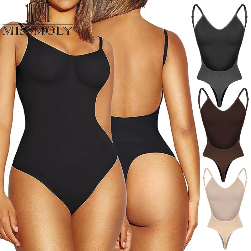 MISSMOLY Womens Backless Bodysuits Shapewear Thong New Tummy Control Butt Lifter Body Shaper Corset Slimming Camisole Tops