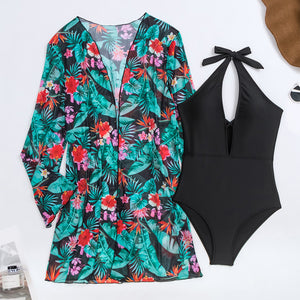 Black Halter Neck Monokini with Floral Beach Cover Up