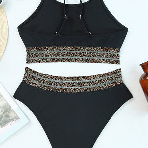 Black Rose Leopard Mesh Trim 2pcs Bikini Swimsuit