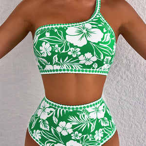 Green Floral Print One Shoulder High Waist Bikini Set