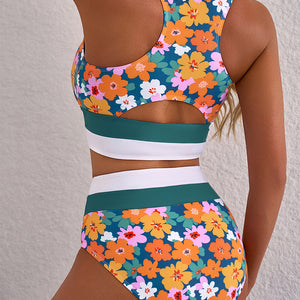 Green Floral Print Racerback Cutout High Waist 2pcs Bikini