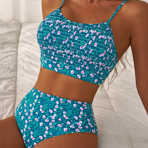 Blue Floral Print Smocked Cute Bikini Set
