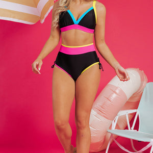 Black Color Block Drawstring Side V Neck High Waist Bikini Set