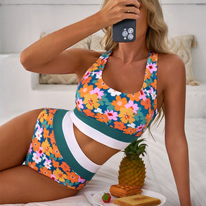 Green Floral Print Racerback Cutout High Waist 2pcs Bikini