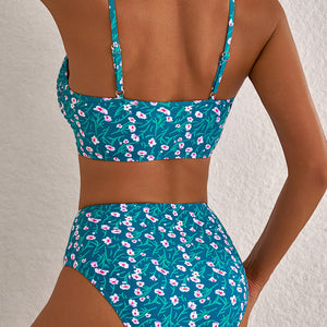 Blue Floral Print Smocked Cute Bikini Set
