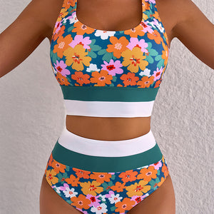 Green Floral Print Racerback Cutout High Waist 2pcs Bikini