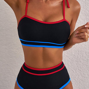 Black Triple Color Trimmed High Waist Bikini Set