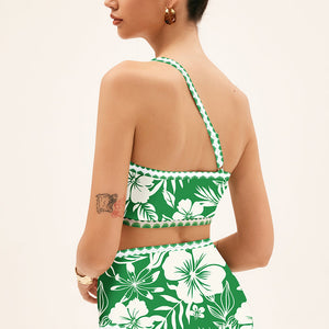 Green Floral Print One Shoulder High Waist Bikini Set