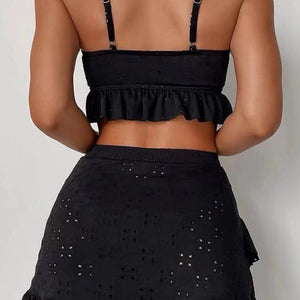 Black Eyelet Pattern Knotted Ruffle Trim 3pcs Bikini Set