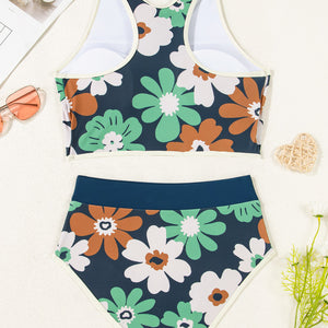 Blue Flower Zip up Racerback High Waisted Bikini