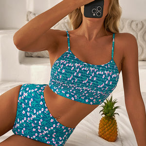 Blue Floral Print Smocked Cute Bikini Set
