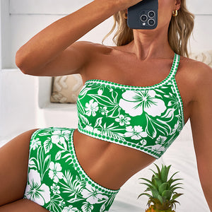 Green Floral Print One Shoulder High Waist Bikini Set