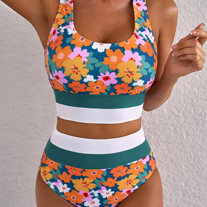 Green Floral Print Racerback Cutout High Waist 2pcs Bikini