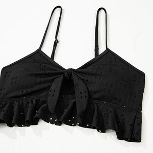 Black Eyelet Pattern Knotted Ruffle Trim 3pcs Bikini Set