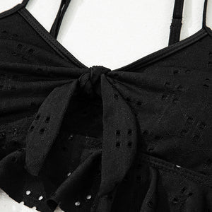 Black Eyelet Pattern Knotted Ruffle Trim 3pcs Bikini Set
