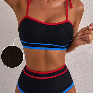 Black Triple Color Trimmed High Waist Bikini Set