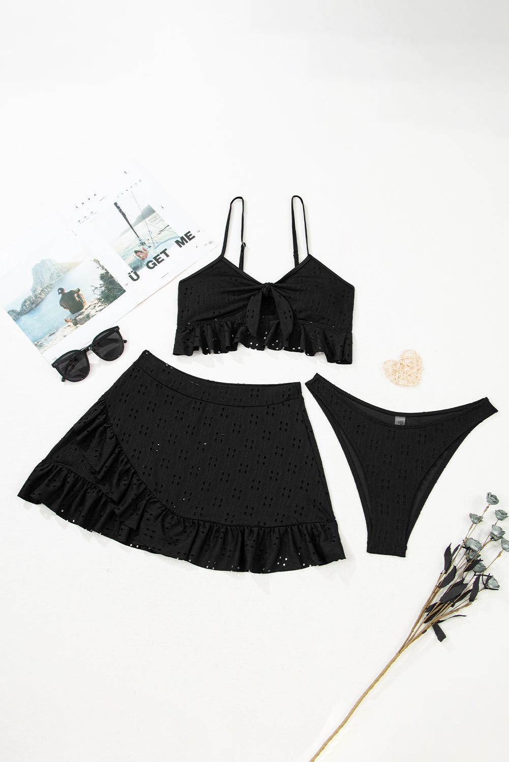 Black Eyelet Pattern Knotted Ruffle Trim 3pcs Bikini Set