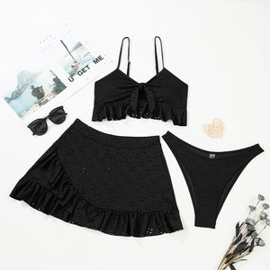Black Eyelet Pattern Knotted Ruffle Trim 3pcs Bikini Set