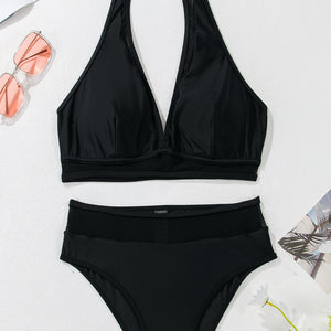 Black Sheer Mesh Edged Halter V Neck Push Up Bikini