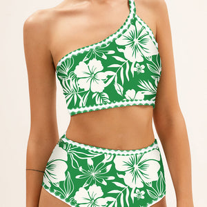 Green Floral Print One Shoulder High Waist Bikini Set