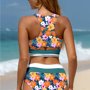 Green Floral Print Racerback Cutout High Waist 2pcs Bikini