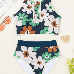 Blue Flower Zip up Racerback High Waisted Bikini
