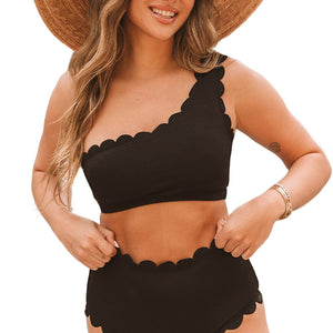 Black Solid Scalloped One-Shoulder Bikini