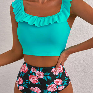 Sea Green Solid Ruffled Square Neck Swim Top and Floral Shorts Bikini Set