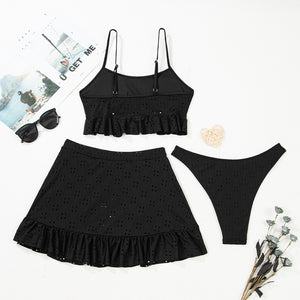 Black Eyelet Pattern Knotted Ruffle Trim 3pcs Bikini Set